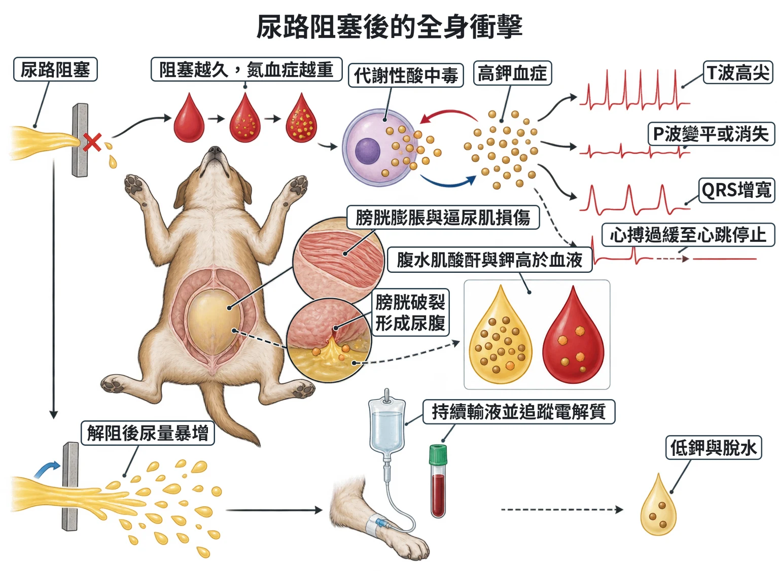 尿路阻塞後的全身衝擊教學插圖