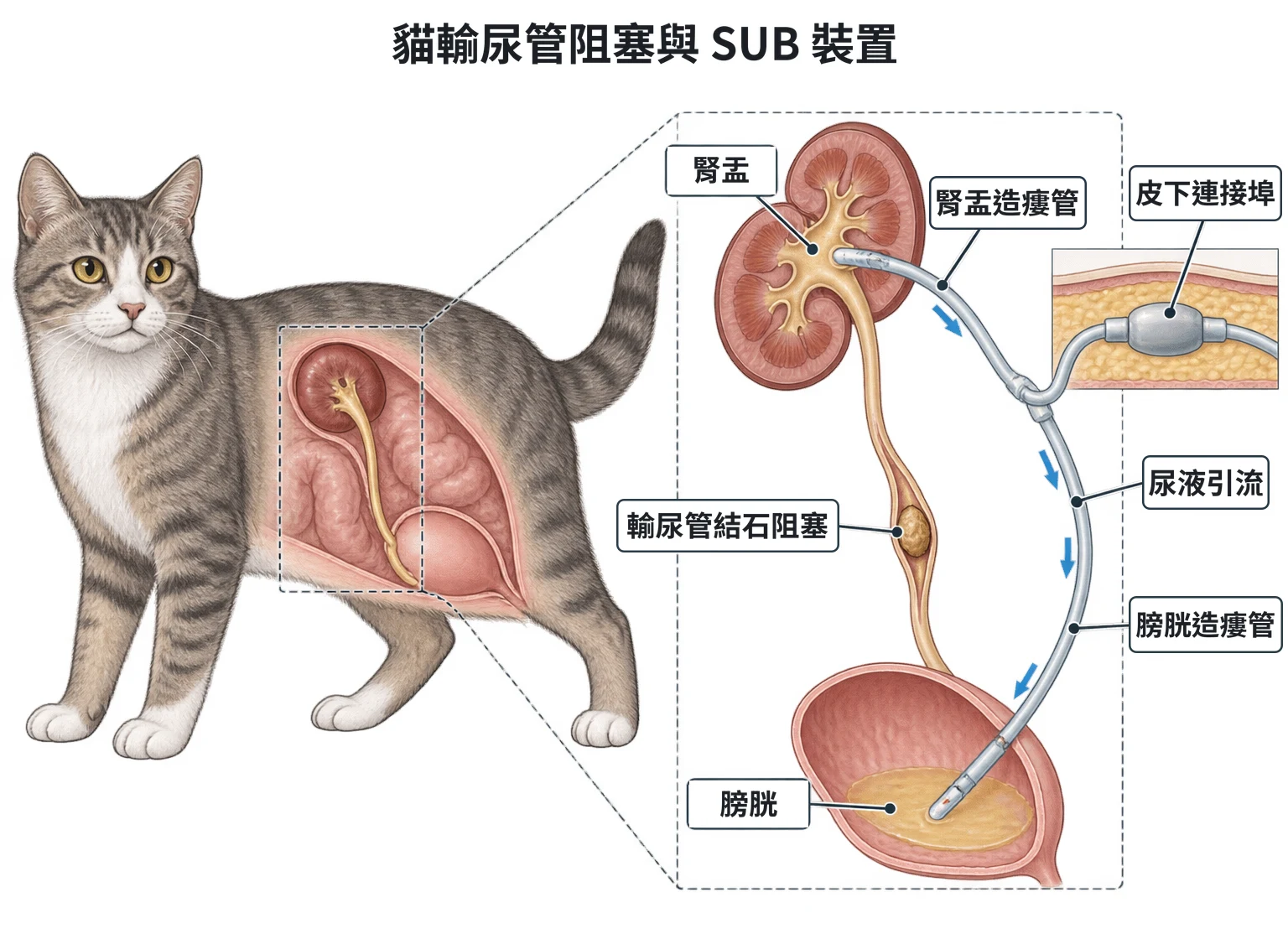 貓輸尿管阻塞與 SUB 裝置教學插圖