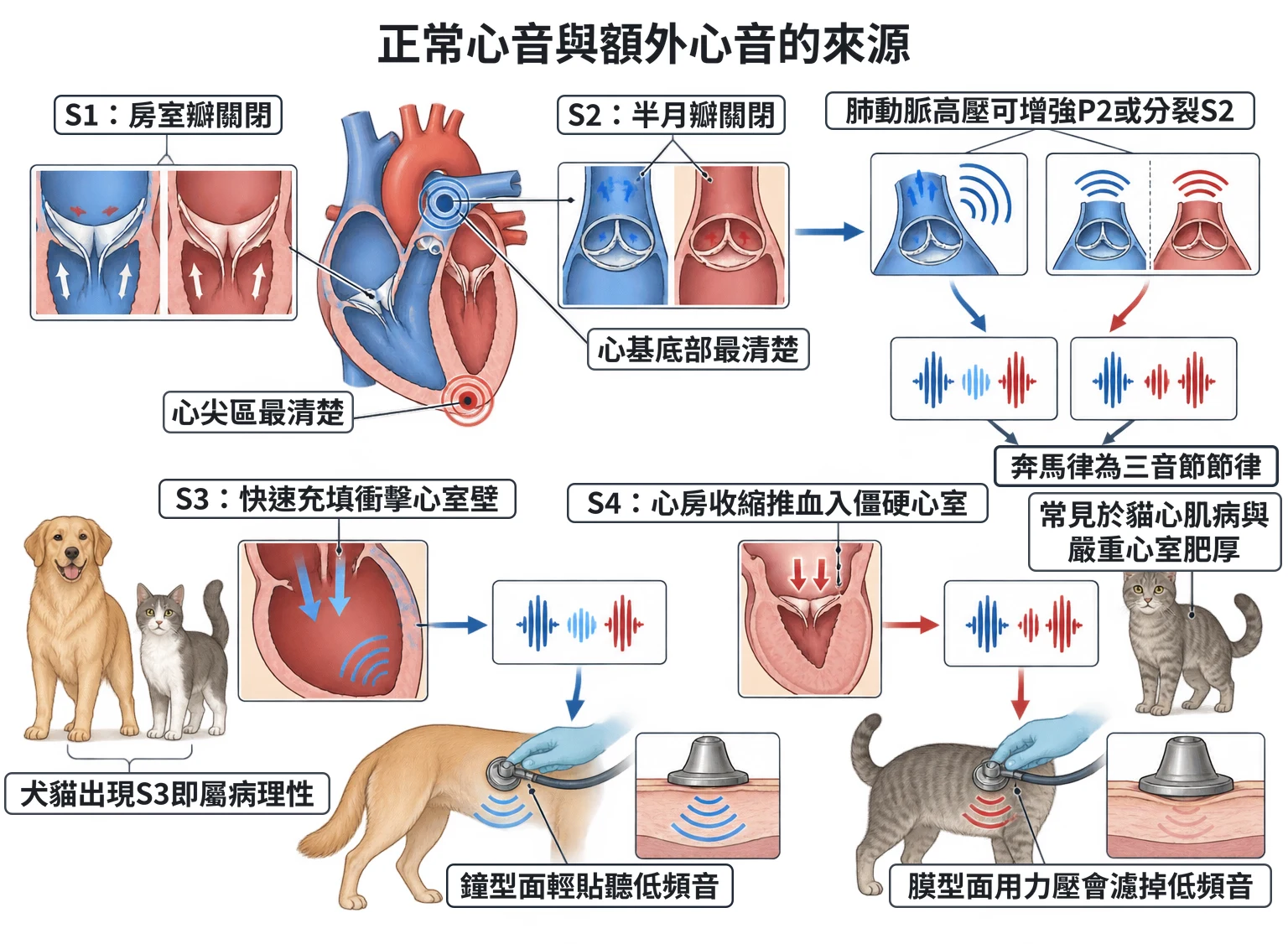 正常心音與額外心音的來源教學插圖