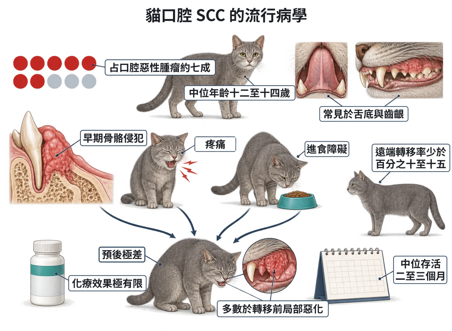 貓口腔 SCC 的流行病學教學插圖