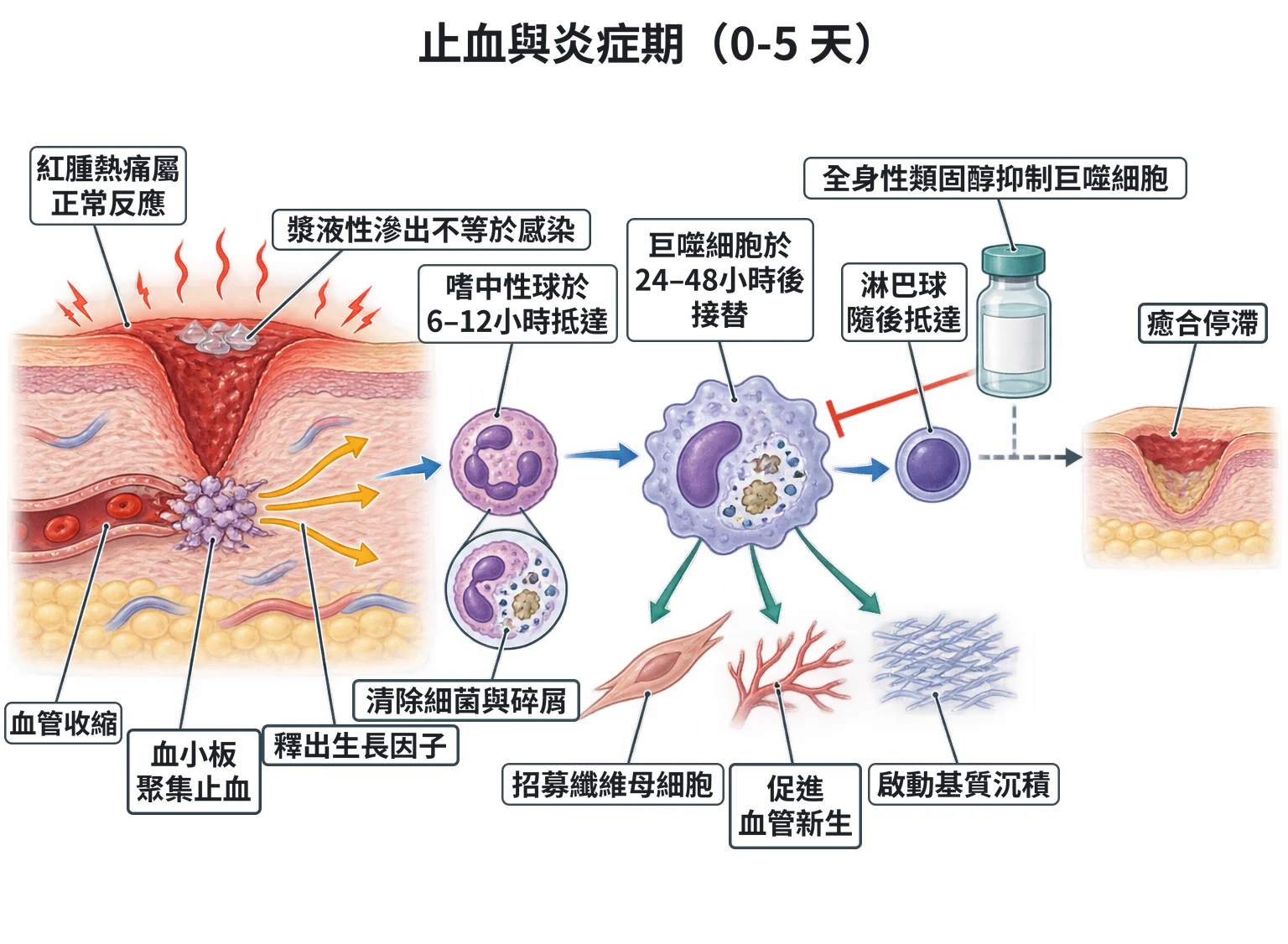 止血與炎症期(0-5 天)教學插圖