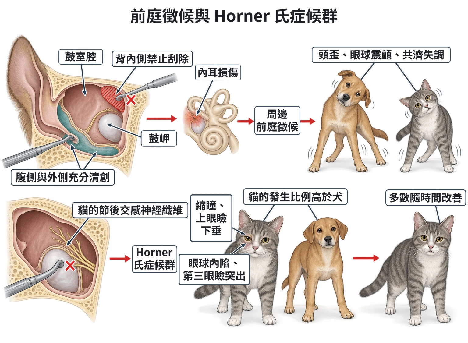 前庭徵候與 Horner 氏症候群教學插圖