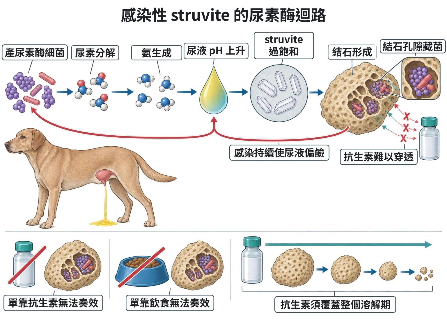 感染性 struvite 的尿素酶迴路教學插圖