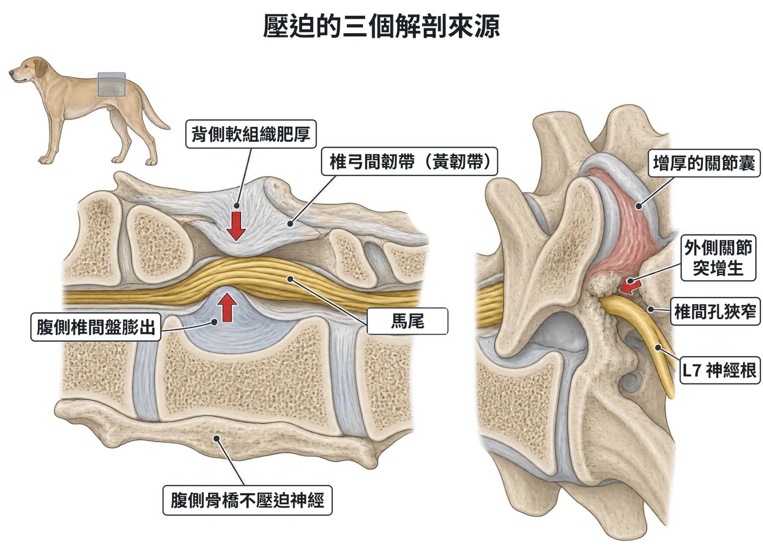 壓迫的三個解剖來源教學插圖