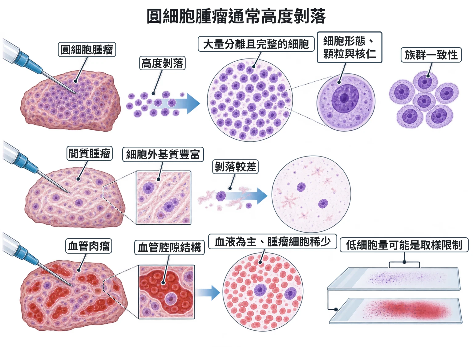 圓細胞腫瘤通常高度剝落教學插圖