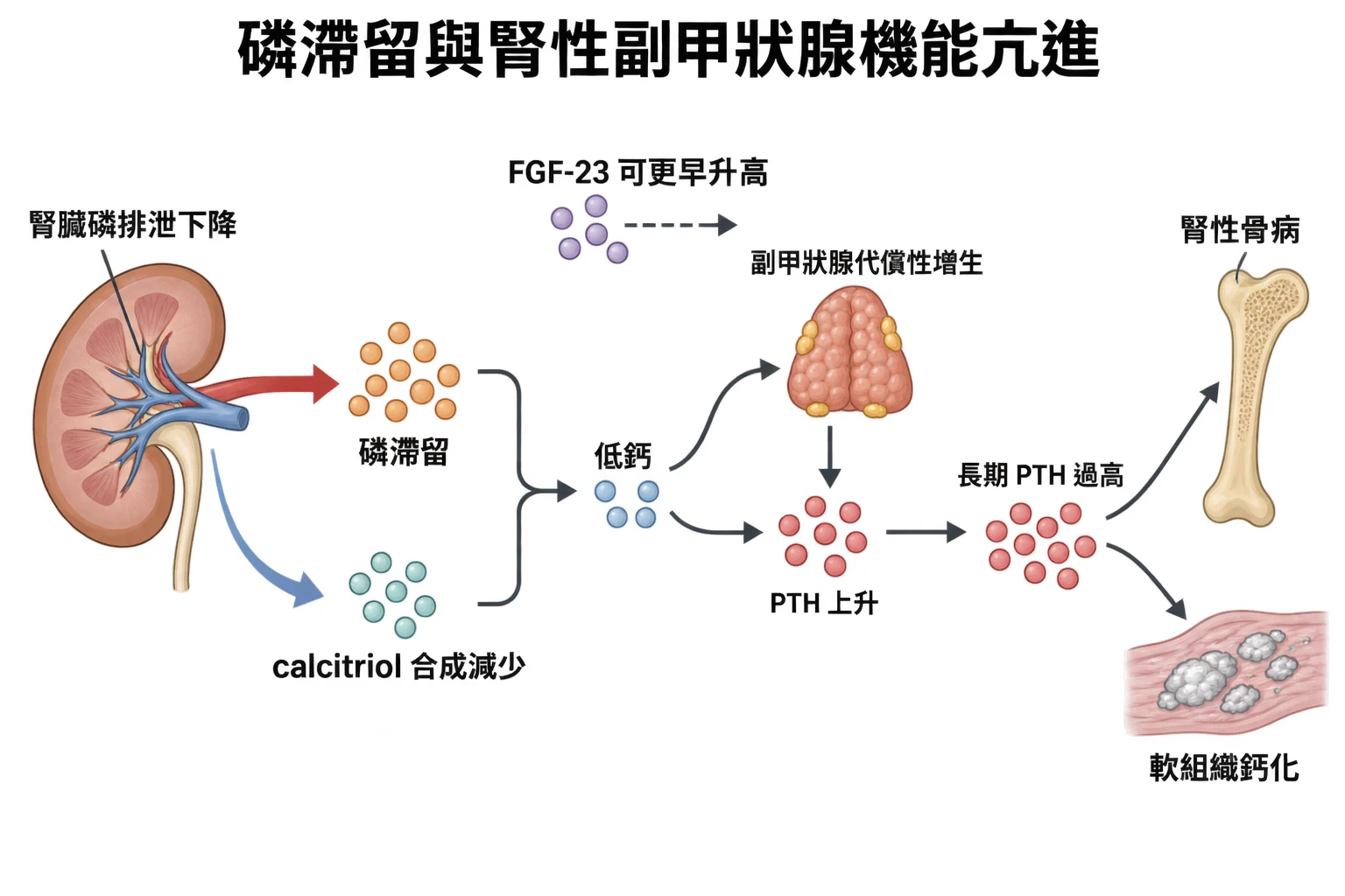 磷滯留與腎性副甲狀腺機能亢進教學插圖
