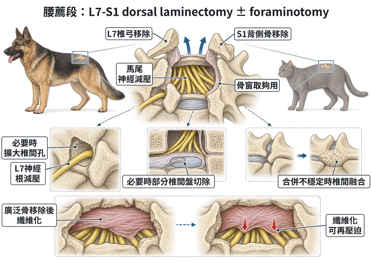 腰薦段:L7-S1 dorsal laminectomy ± foraminotomy教學插圖