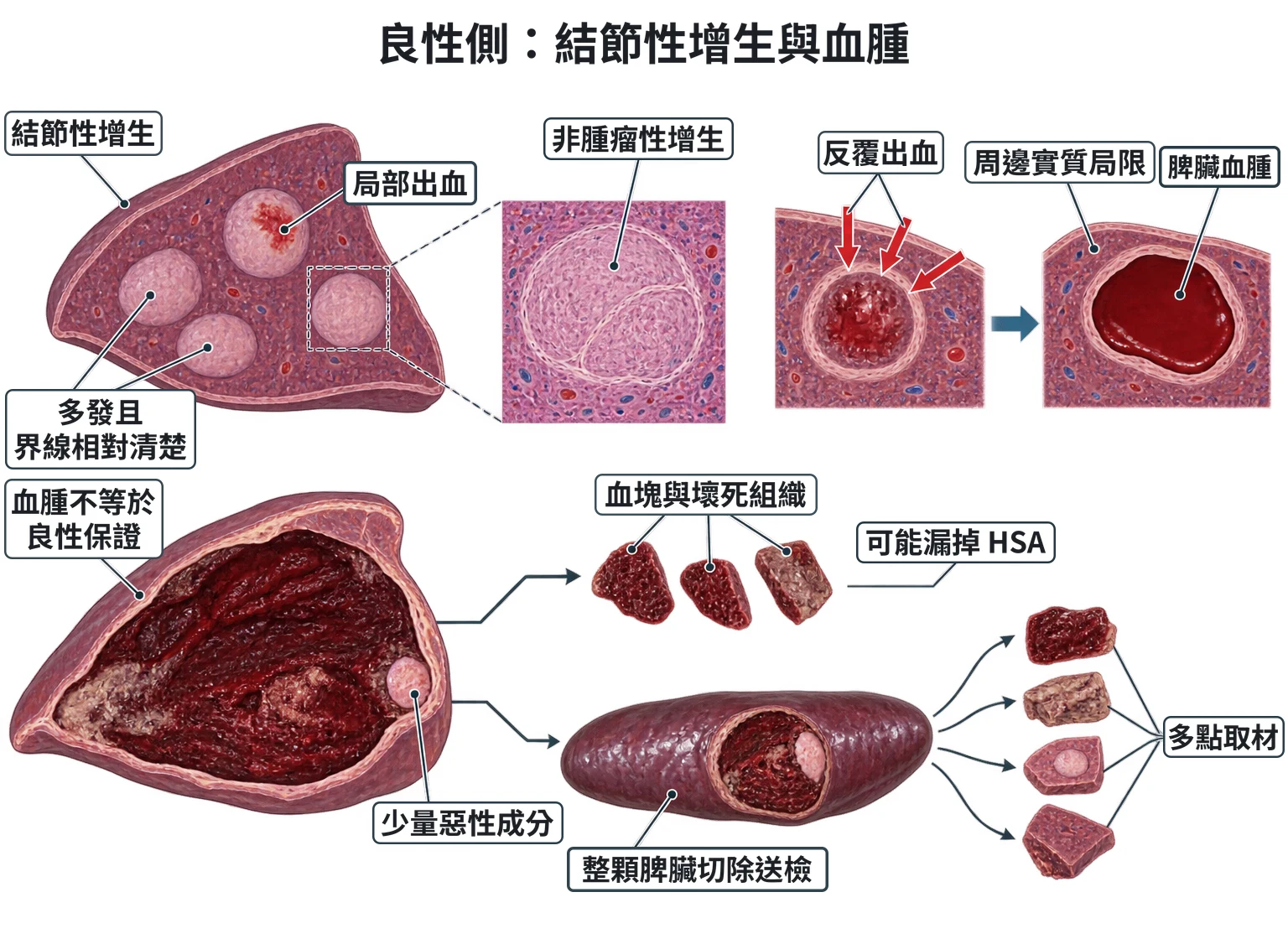 良性側:結節性增生與血腫教學插圖