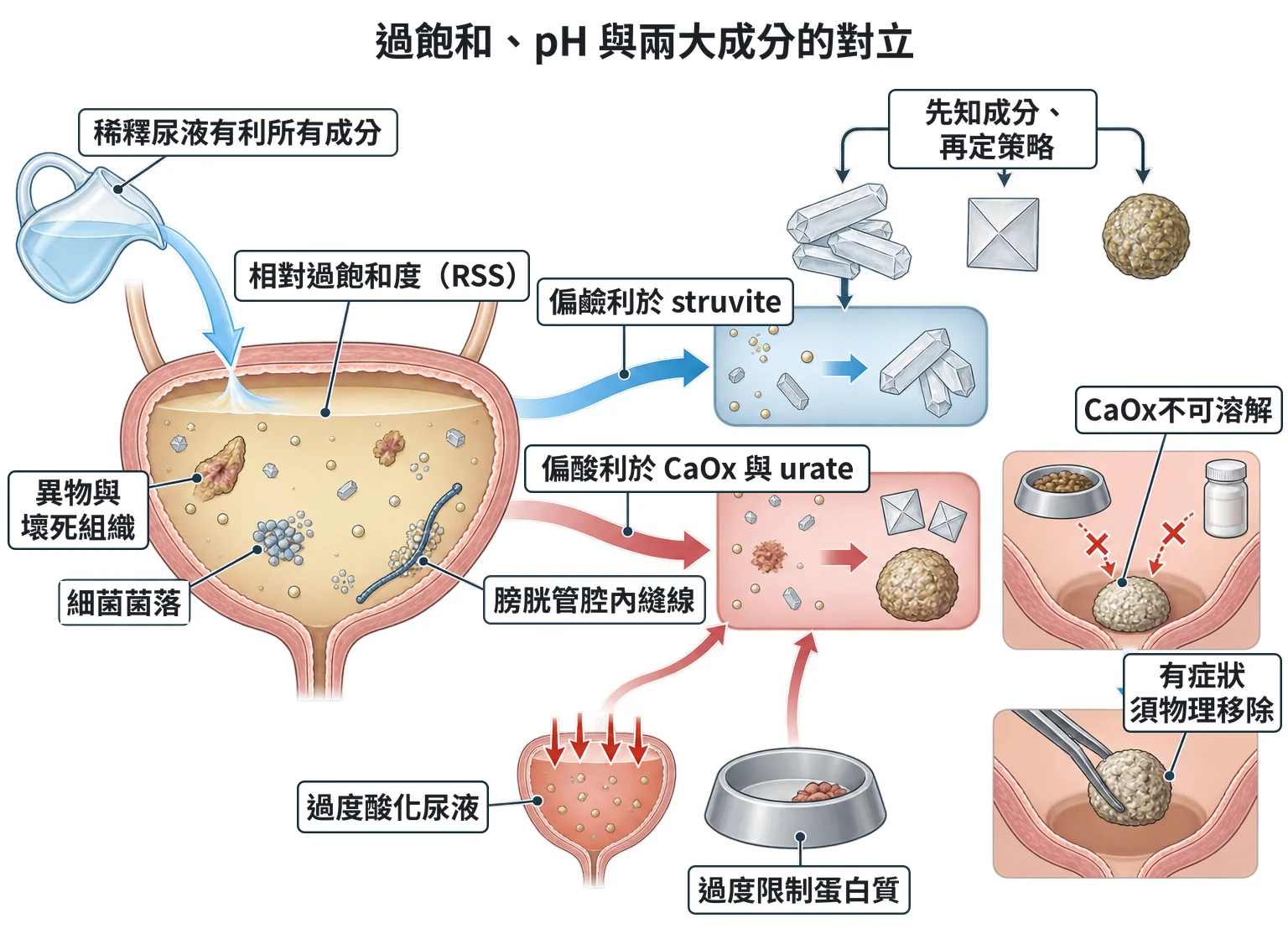 過飽和、pH 與兩大成分的對立教學插圖