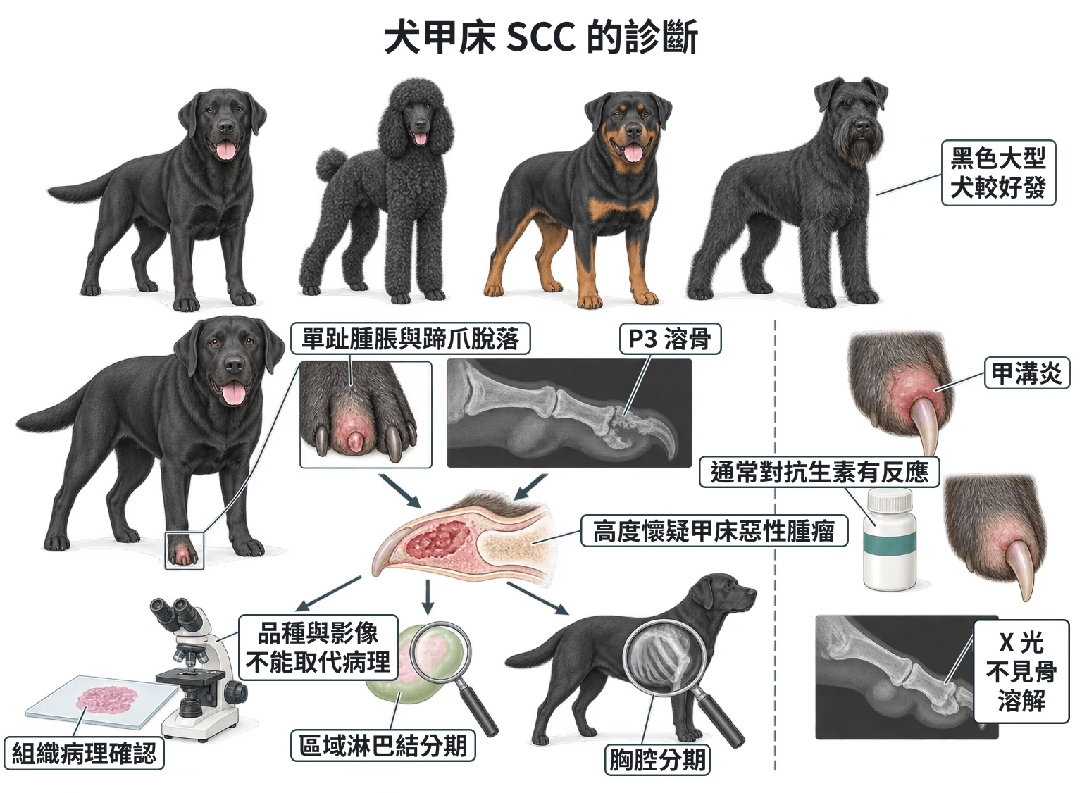 犬甲床 SCC 的診斷教學插圖