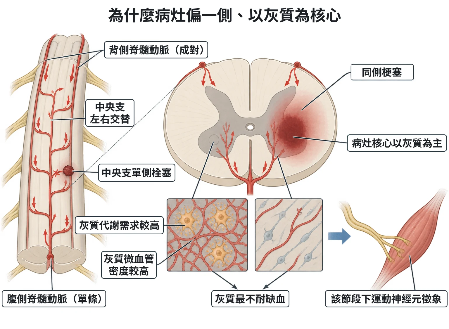為什麼病灶偏一側、以灰質為核心教學插圖