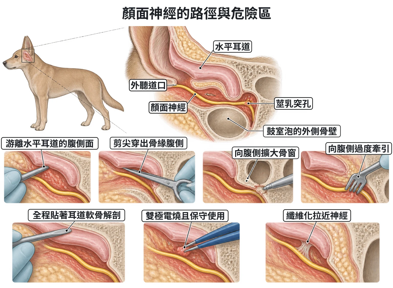 顏面神經的路徑與危險區教學插圖