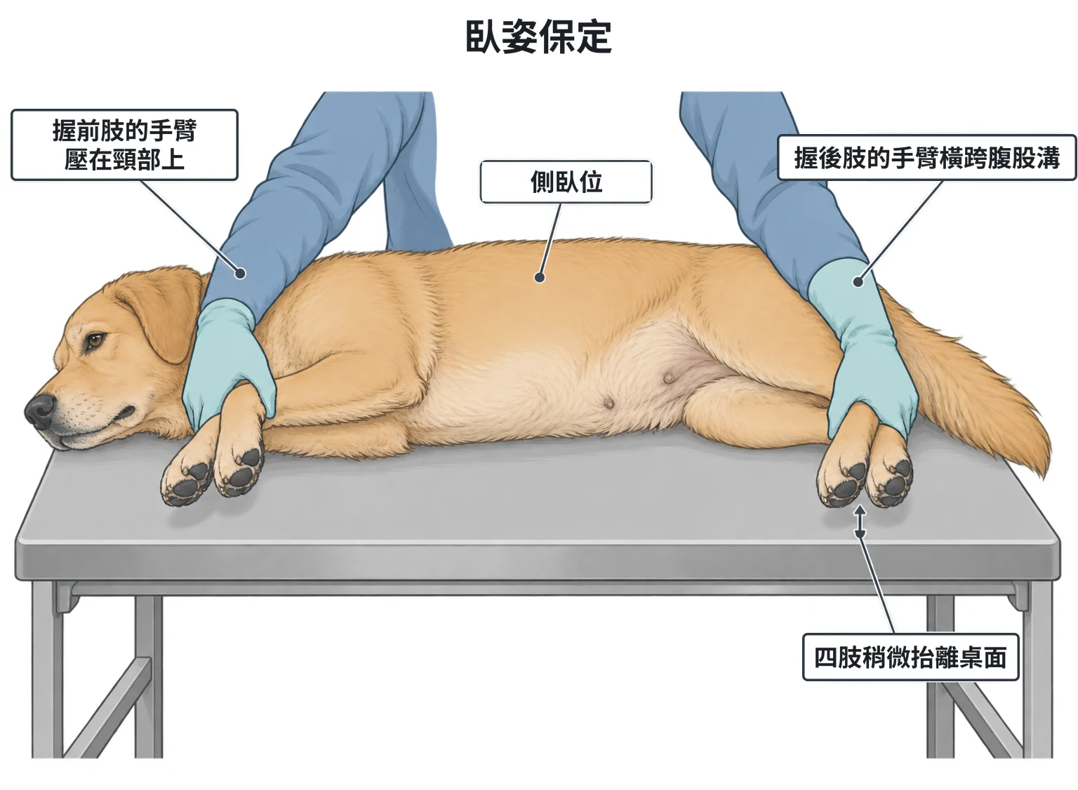 臥姿保定示意圖：犬右側臥於檢查台，保定者從背側伸手，一手握前肢、前臂靠在頸部，一手握後肢，四肢稍微抬離桌面
