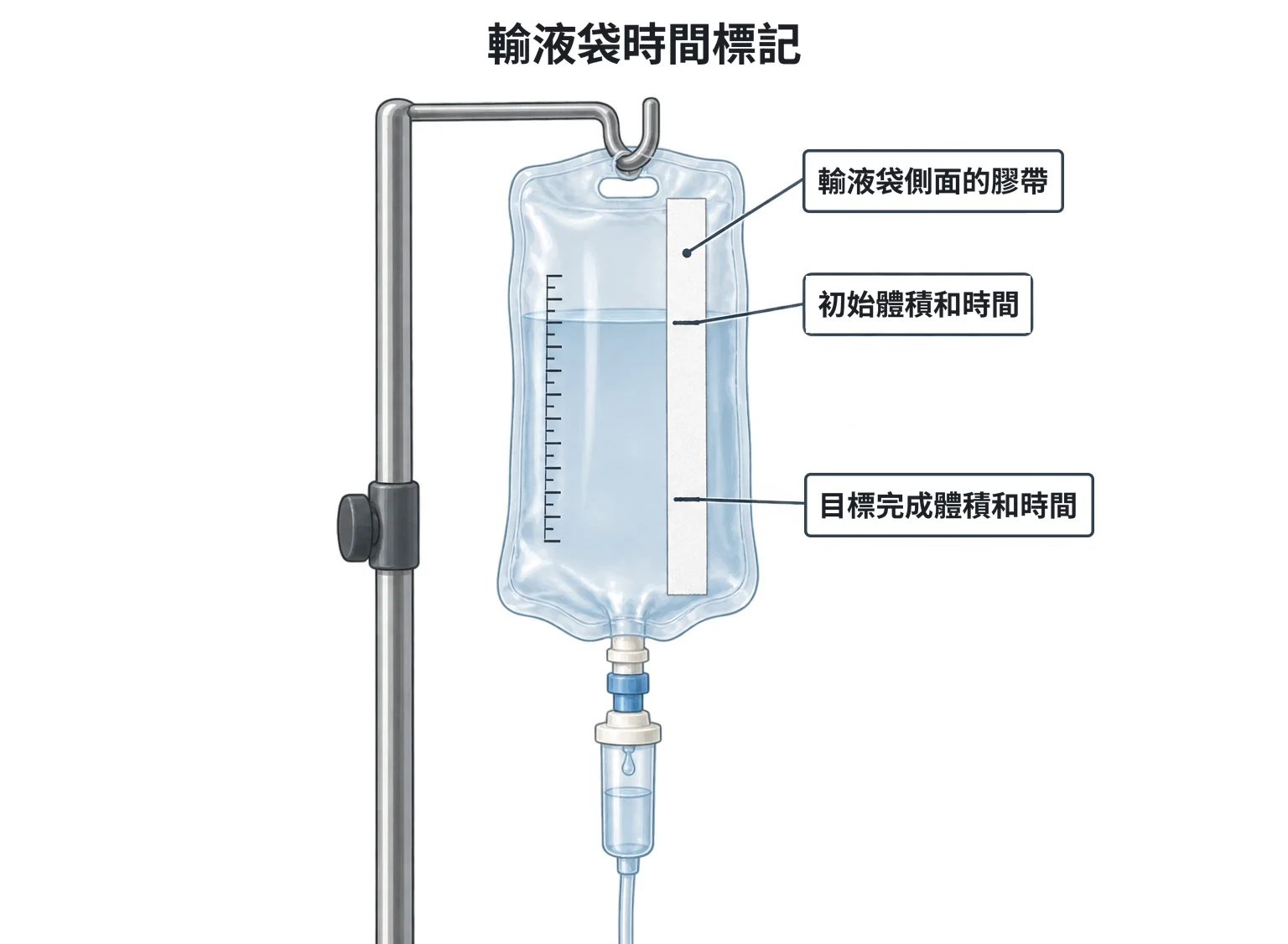 輸液監測示意圖：掛在點滴架上的輸液袋，側面貼一條直向白膠帶，上方短線對齊目前液面（初始體積和時間），下方短線標出預定時間應到的液面（目標完成體積和時間）