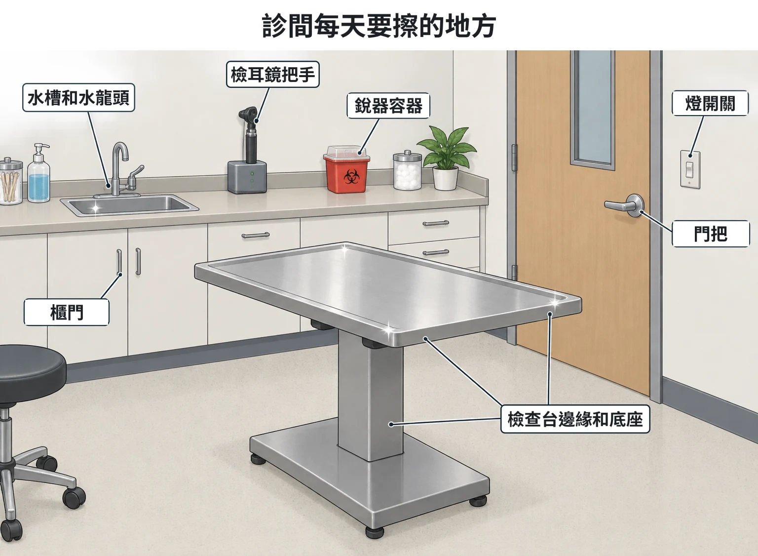 診間準備示意圖：一間小診間，標出每天早上要用消毒劑擦拭的櫃門、門把、燈開關、檢查台邊緣和底座、檢耳鏡把手（插在充電座上）、水槽和水龍頭，以及放針頭刀片的銳器容器